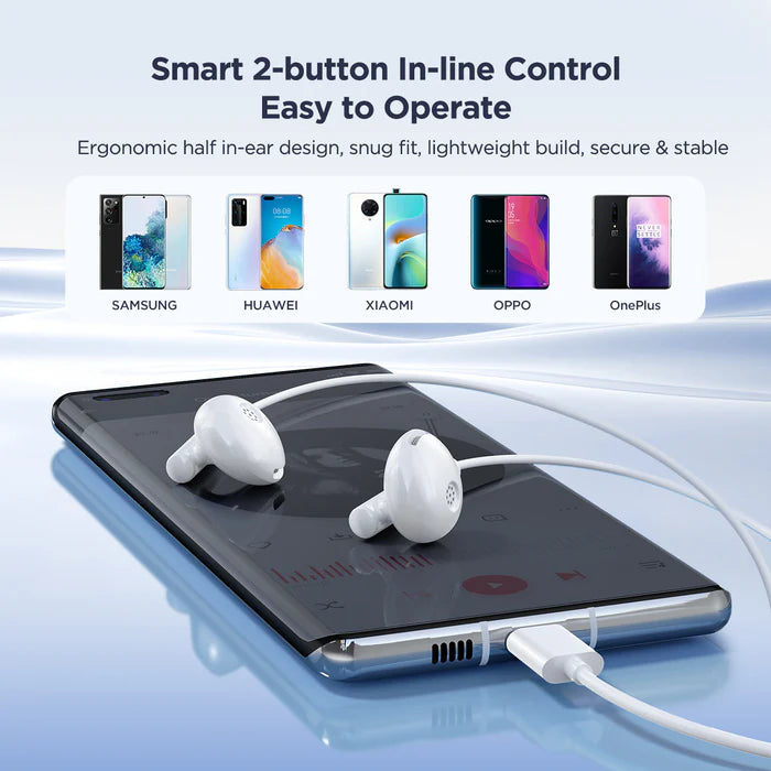 JR-EC05 TYPE-C Series Half In-Ear Wired Earphones-White - Tic Tac