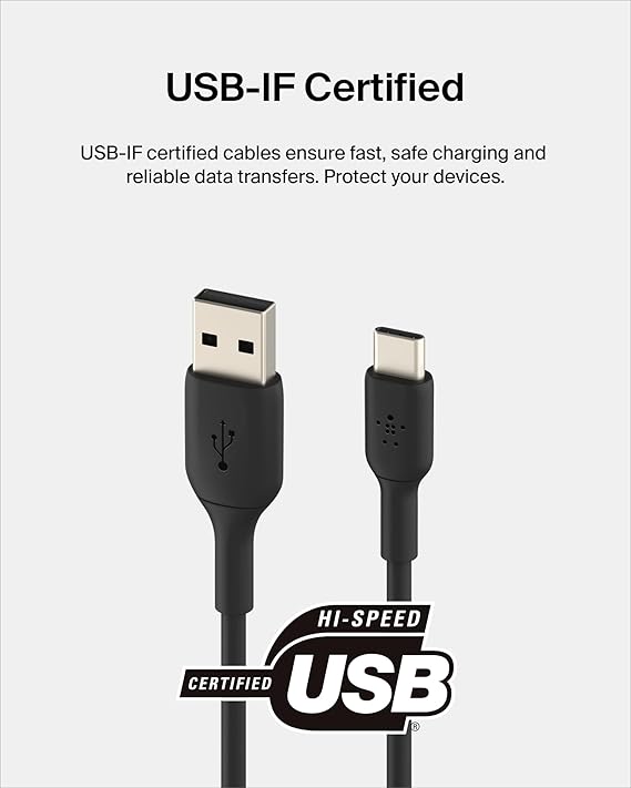 كابل Belkin BoostCharge USB-C (1 متر/3.3 قدم)، كابل USB-C إلى USB-A، كابل USB من النوع C لسلسلة iPhone 15، Samsung Galaxy S24، S24+، Note20، Pixel 8، Pixel 7، iPad Pro، Nintendo التبديل، وأكثر - أسود