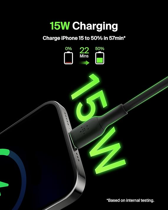 كابل Belkin BoostCharge USB-C (1 متر/3.3 قدم)، كابل USB-C إلى USB-A، كابل USB من النوع C لسلسلة iPhone 15، Samsung Galaxy S24، S24+، Note20، Pixel 8، Pixel 7، iPad Pro، Nintendo التبديل، وأكثر - أسود