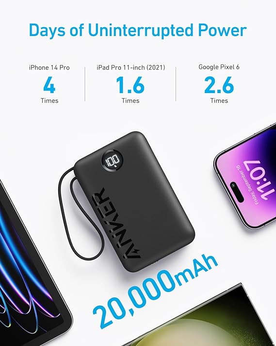 A1647H11 Anker Power Bank (20,000mAh, 22.5W, Built-In USB-C Cable) - Tic Tac