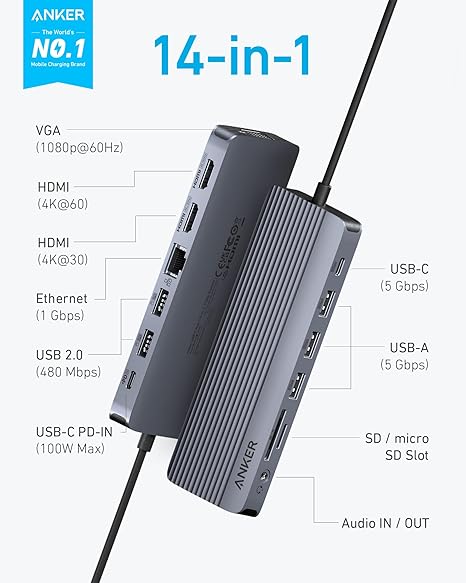 A83890A1 Anker USB-C Hub (14-in-1, Triple display) - Tic Tac