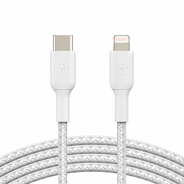 Belkin CAA004bt2MWH Braided USB - C to Lightning Cable, 2M, White - Tic Tac - CABLE